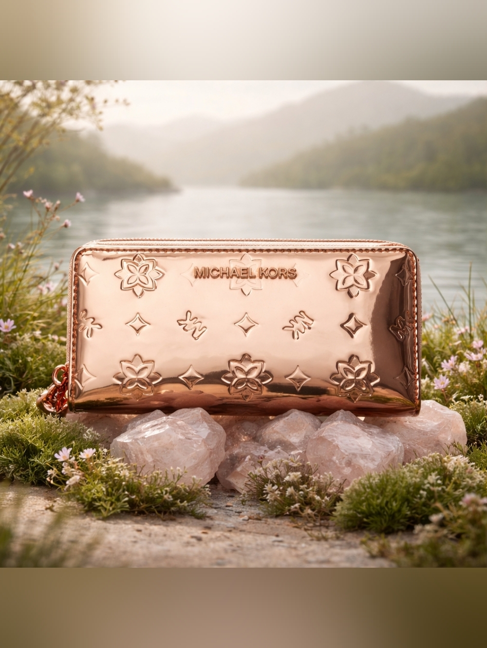 EUC Michael Kors Metallic Rose Gold Floral Zip Wallet